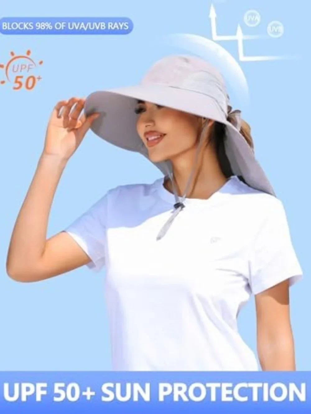 Wide Brim UV Protection Sun Hat for Women - Ponytail Hole & Neck Flap for Beach